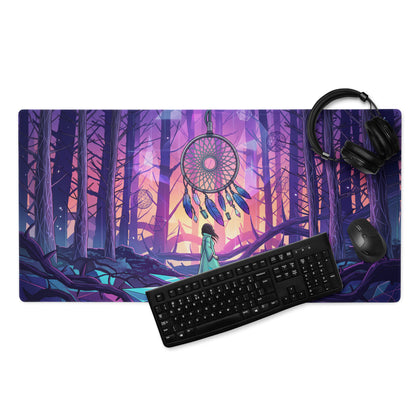 Purple and pink vaporwave mouse pad with dreamcatcher design in a neon forest aesthetic for gaming setup