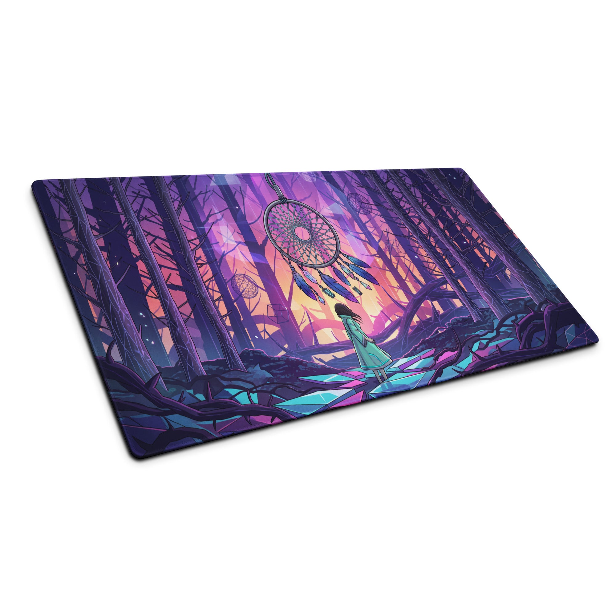 Purple and pink vaporwave gaming mouse pad with dreamcatcher design in a mystical neon forest digital art style