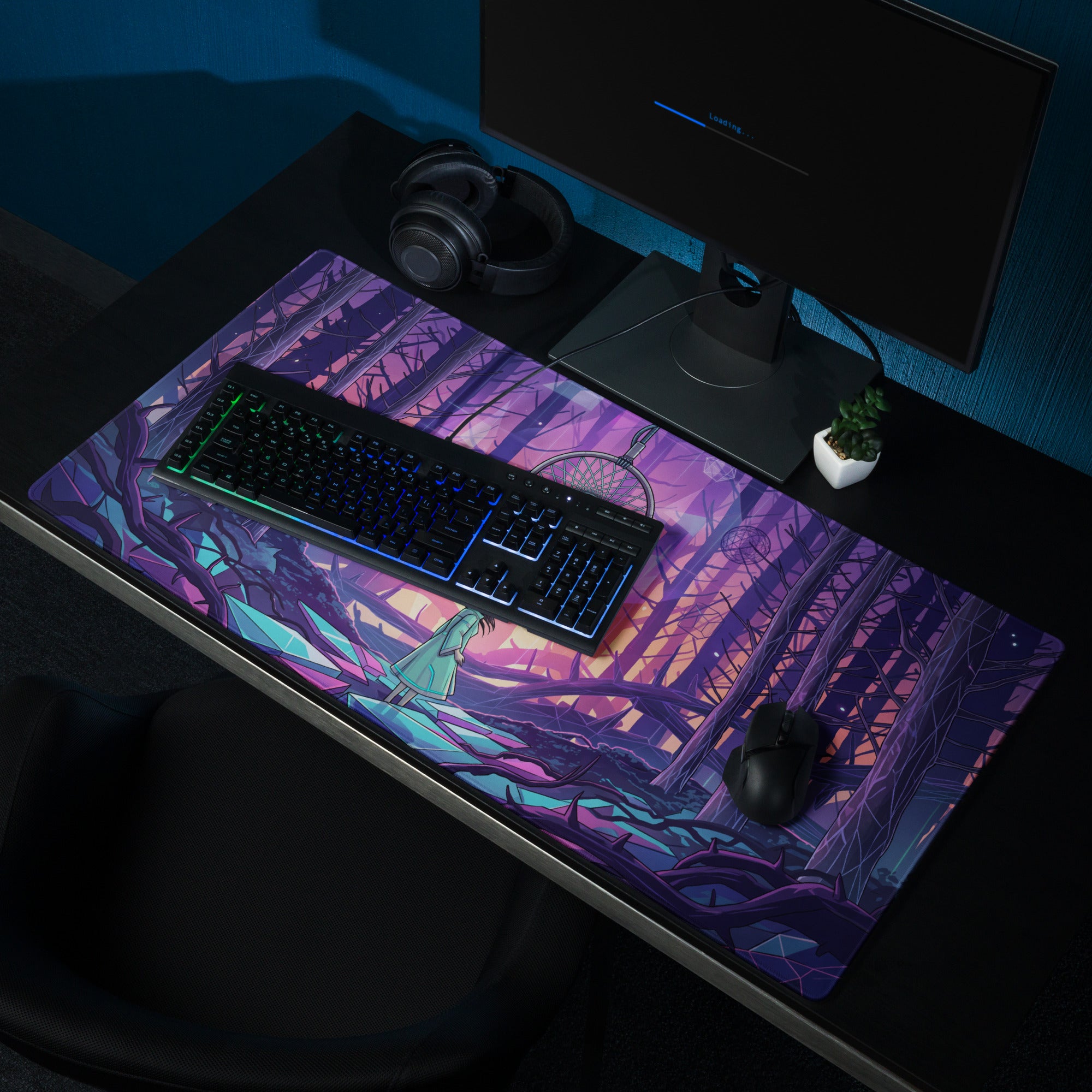 A vibrant rectangular gaming mouse pad with an anime figure in a purple pink neon forest vaporwave design