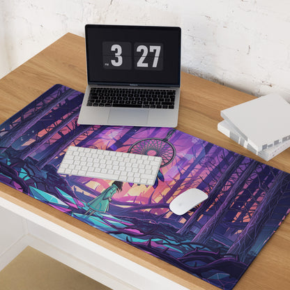 Vibrant purple and pink vaporwave mouse pad with dreamcatcher and stylized character in neon forest aesthetic
