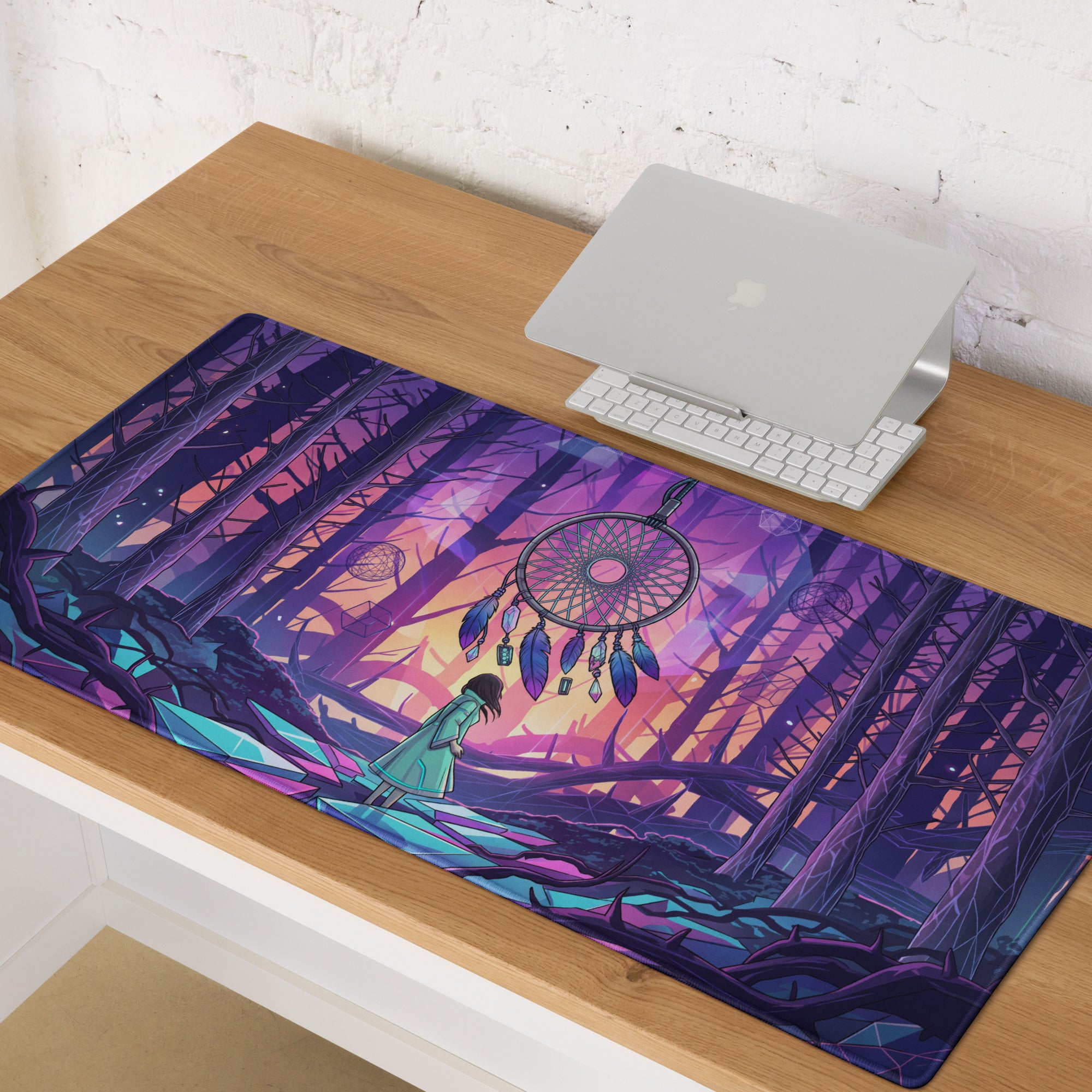 Vibrant purple and pink dreamscape vaporwave mouse pad featuring a neon forest digital art design for gaming use