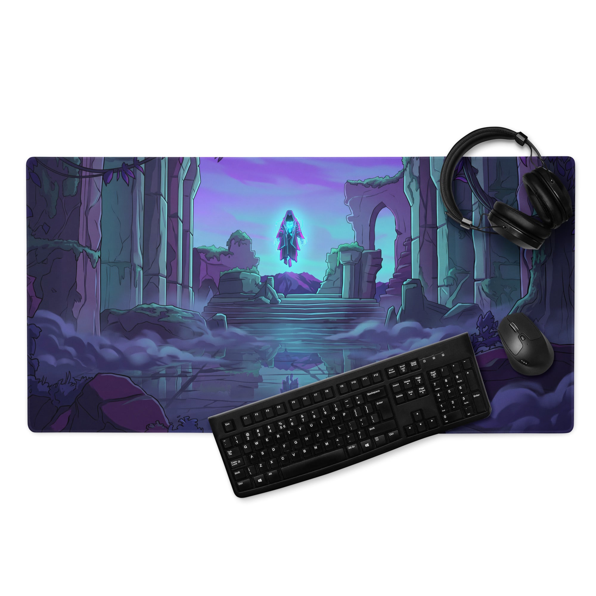 Neon vaporwave odyssey mouse pad with purple and teal fantasy ruins and glowing figure, black keyboard and mouse on top