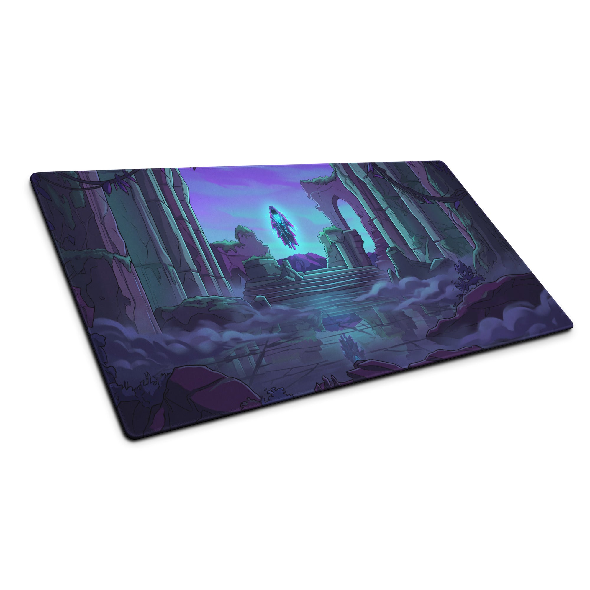 Purple and blue neon vaporwave odyssey gaming mouse pad with illustrated ancient ruins under a twilight sky