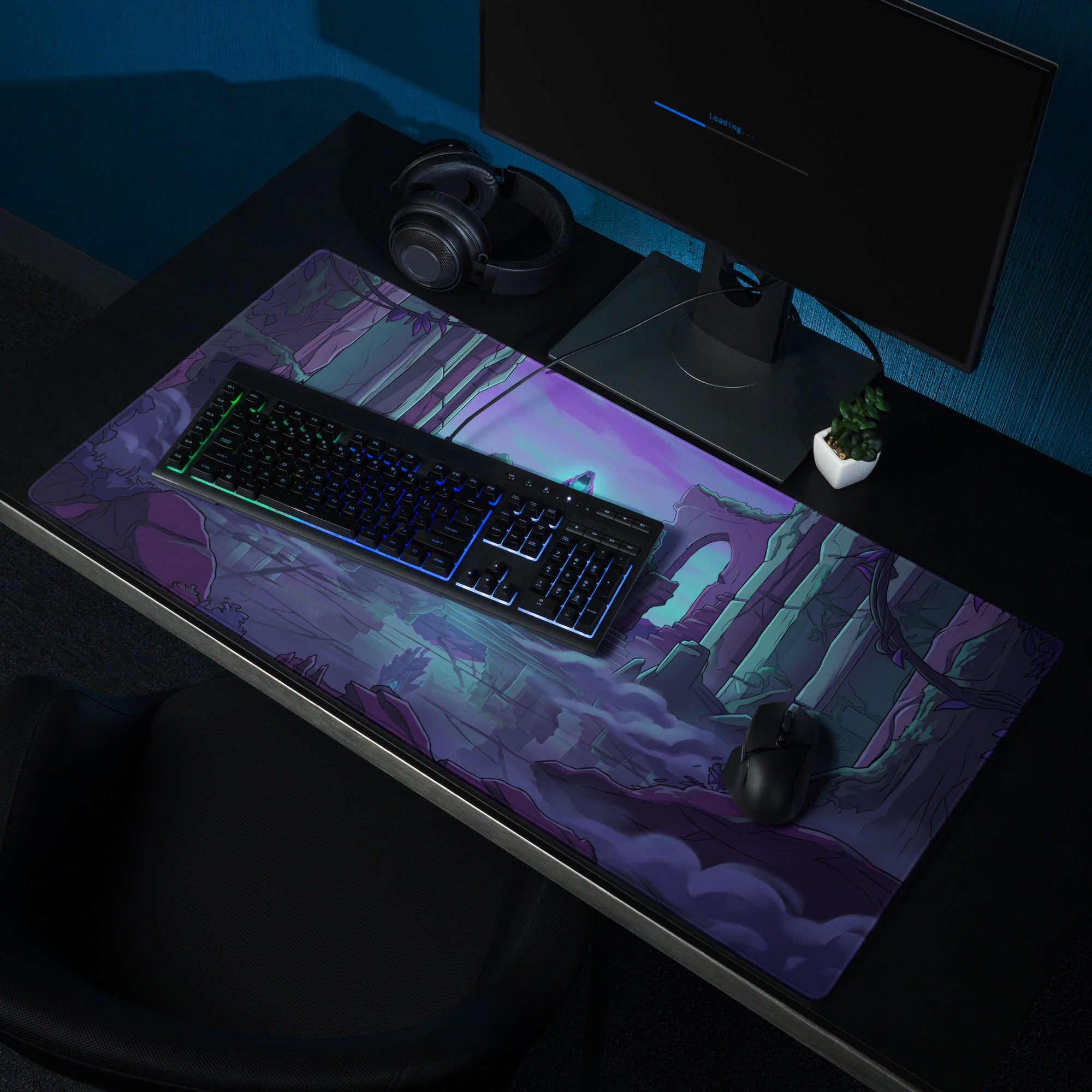 Neon vaporwave odyssey mouse pad with purple and teal fantasy ruins illustration under twilight sky for gaming desk use