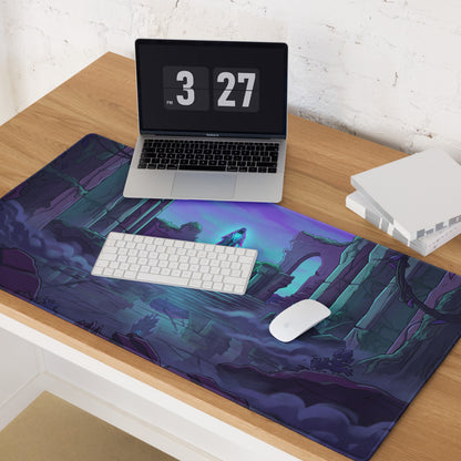 Purple and teal neon vaporwave gaming mouse pad with glowing blue figure on ancient ruins for retro futurism desks