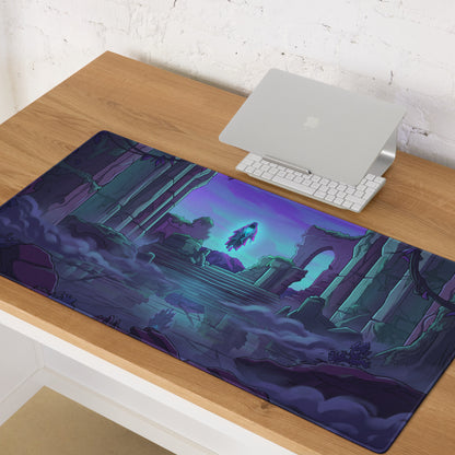 Neon vaporwave odyssey mouse pad with purple and teal ancient ruins design under a glowing sky for gaming desks