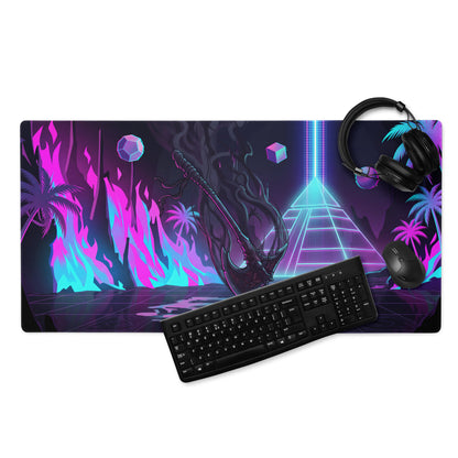 Neon vaporwave dragon pad gaming mousepad with vibrant neon pink purple and blue cyberpunk palm tree design