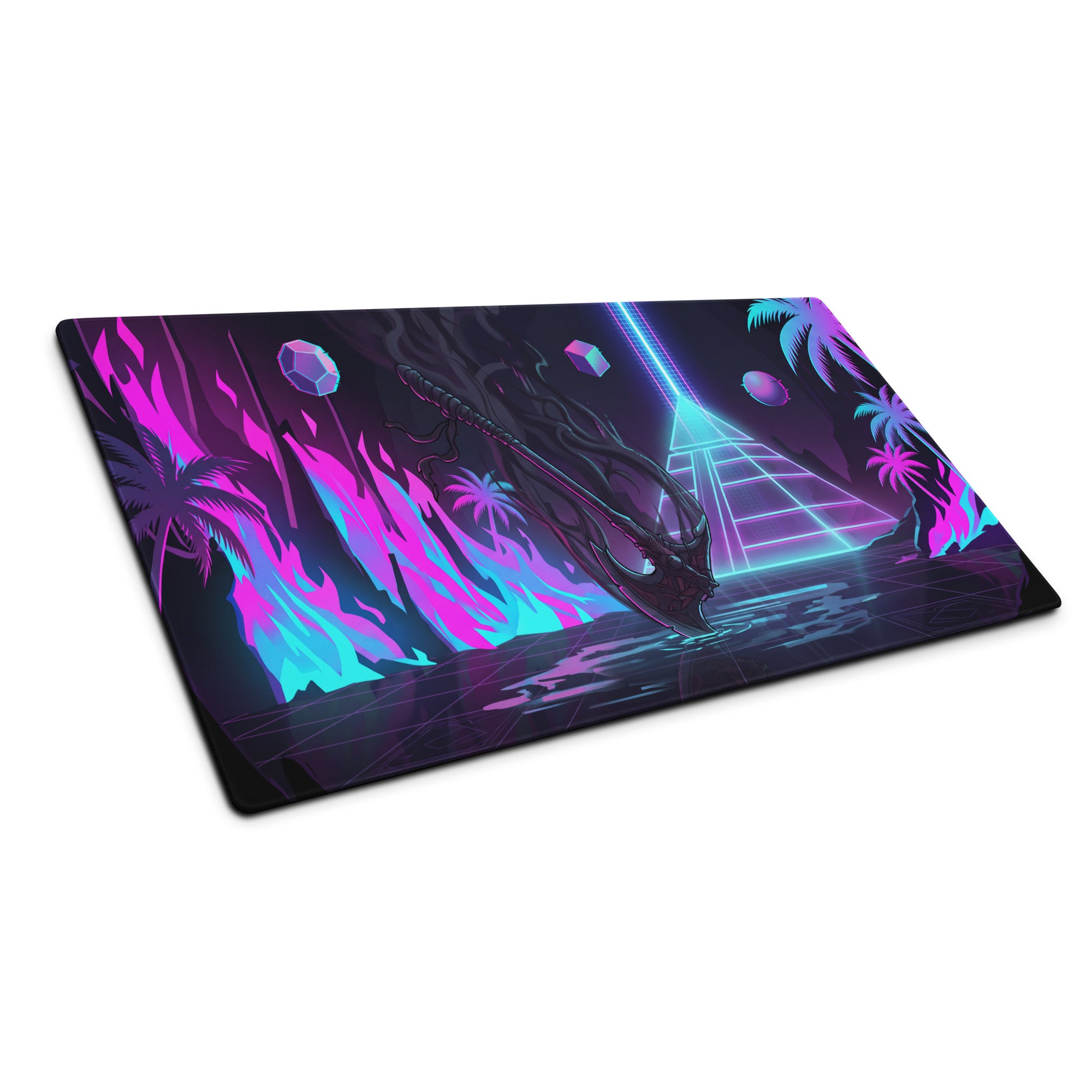 Neon pink and cyan digital art gaming mousepad with futuristic palm trees glowing shapes and stylized black axe design