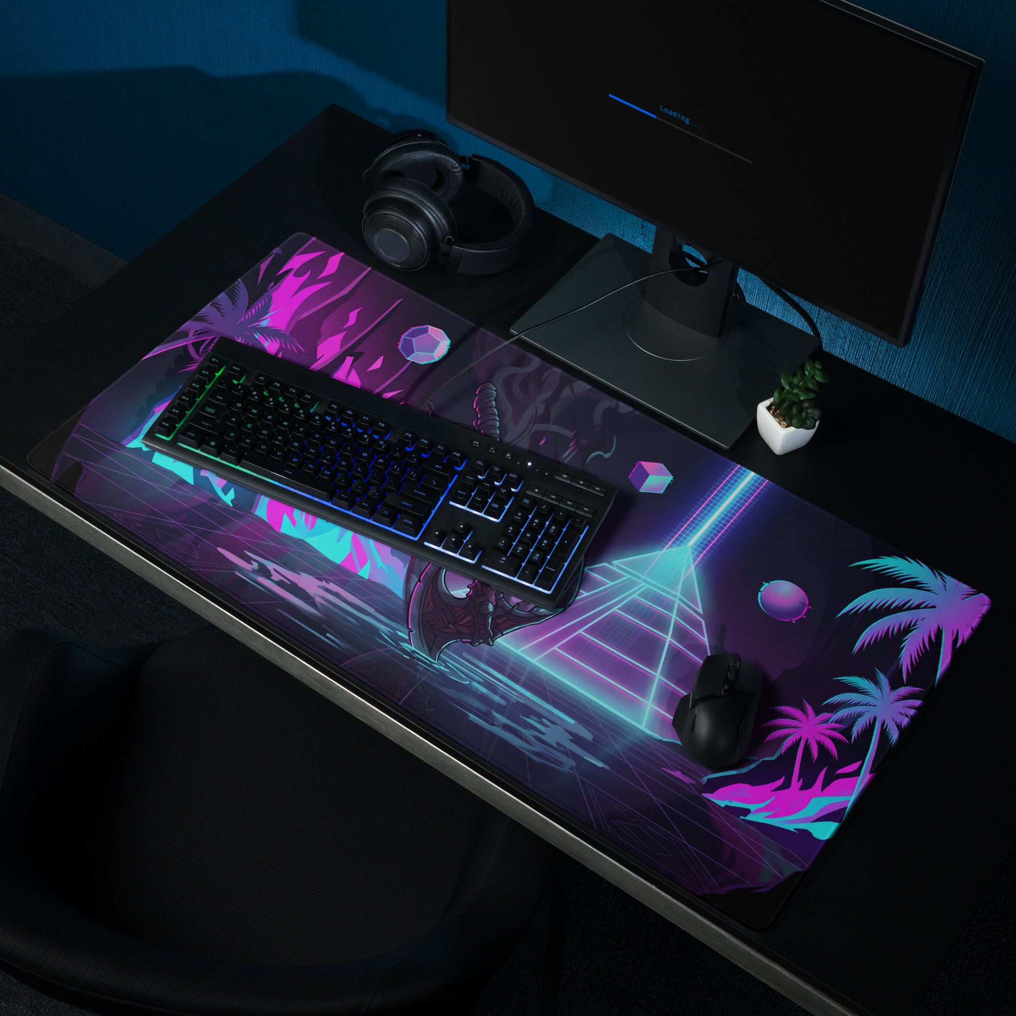 Neon vaporwave dragon gaming mousepad with vibrant neon purple pink and teal graphics on dark background for desk use