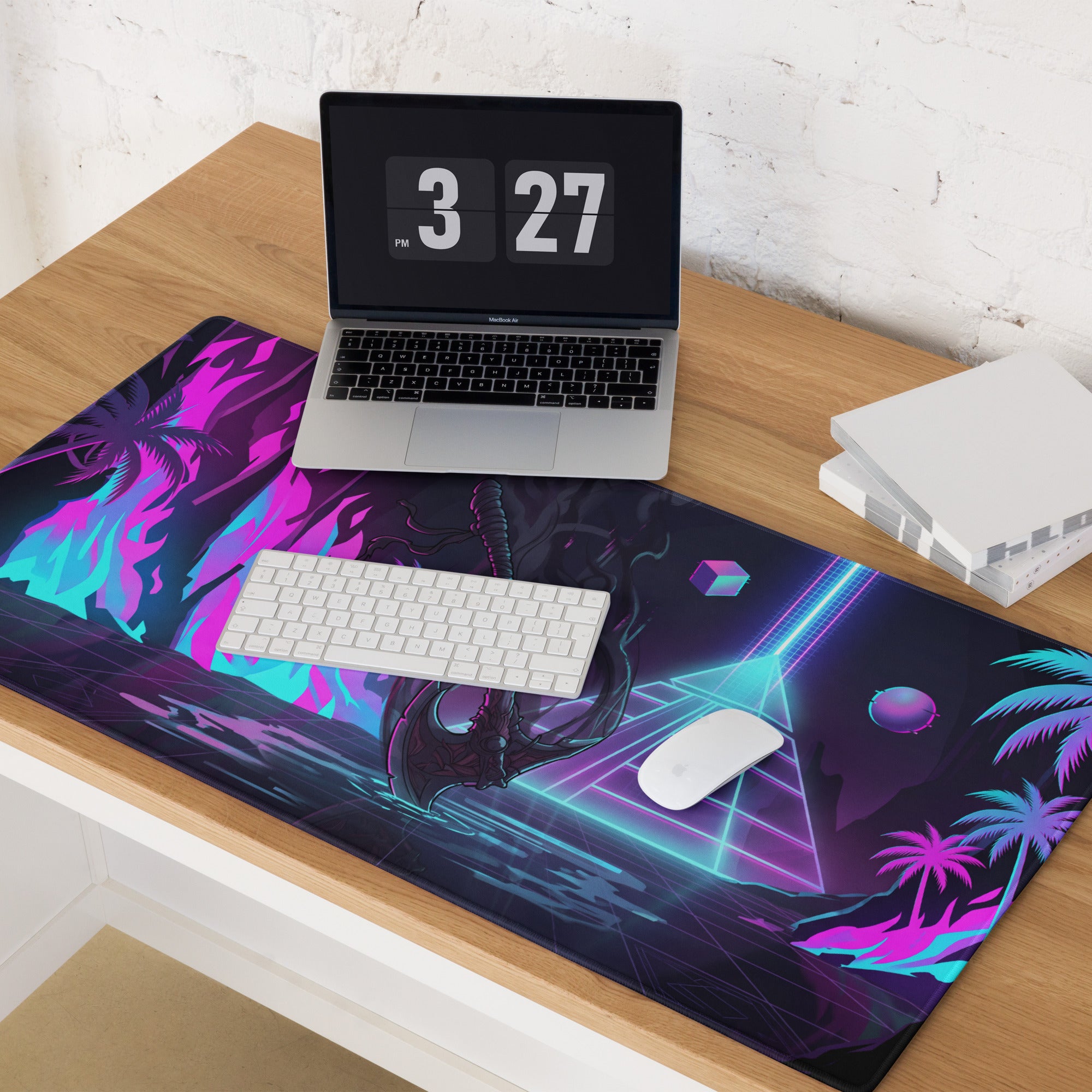 Neon vaporwave dragon pad vibrant neon purple and cyan cyberpunk gaming mousepad with palm trees and dragon silhouette