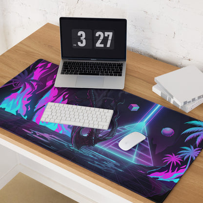 Neon vaporwave dragon pad vibrant neon purple and cyan cyberpunk gaming mousepad with palm trees and dragon silhouette
