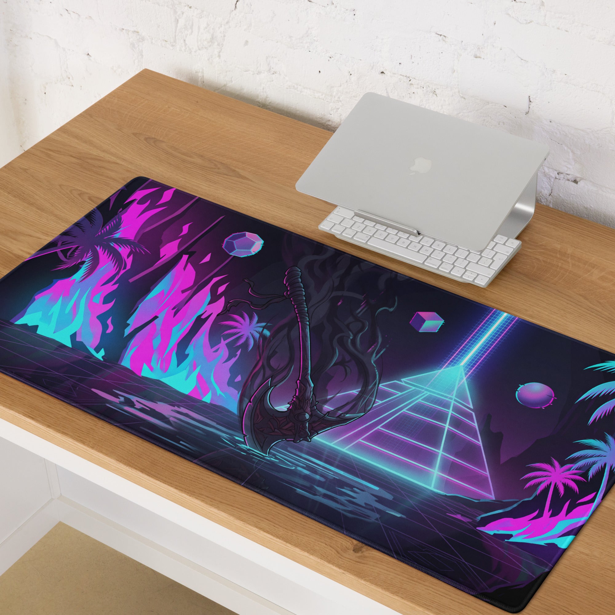 Neon vaporwave dragon pad gaming mouse pad in neon pink purple blue with glowing sword palm trees and geometric shapes