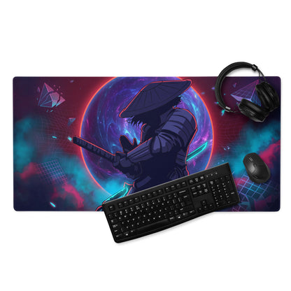 Neon vaporwave samurai gaming mouse pad with vibrant neon pink and teal cyberpunk samurai silhouette on cosmic backdrop