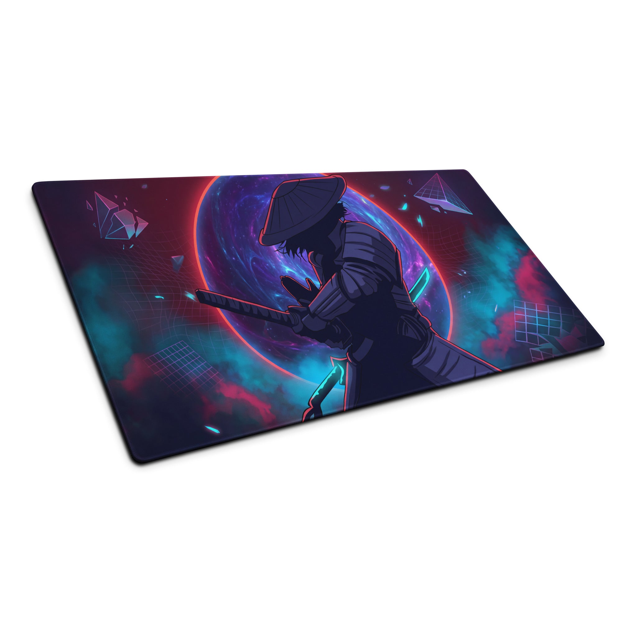 Neon vaporwave samurai gaming mouse pad with stylized dark armor samurai and glowing sword on nebula cosmic backdrop