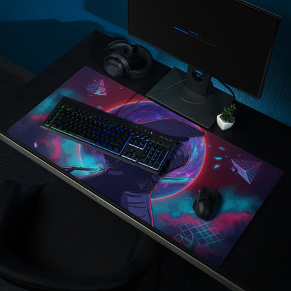 Vibrant cosmic-themed neon vaporwave samurai gaming mouse pad with anime character in purple and teal hues and glowing accents