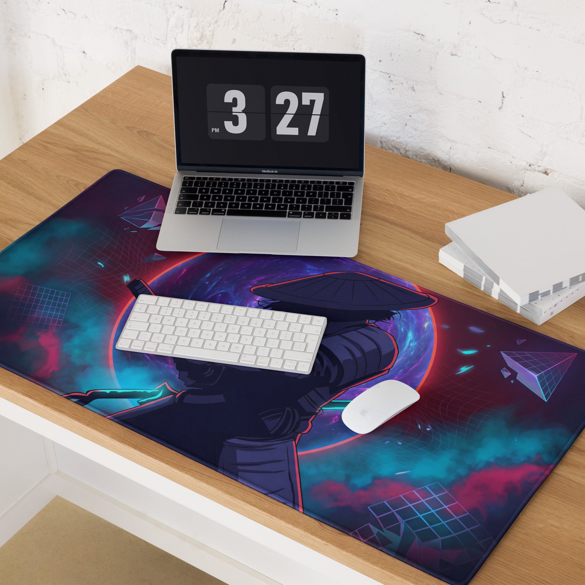 Neon vaporwave samurai gaming mouse pad with vibrant cosmic ninja design in pink purple and blue geometric patterns