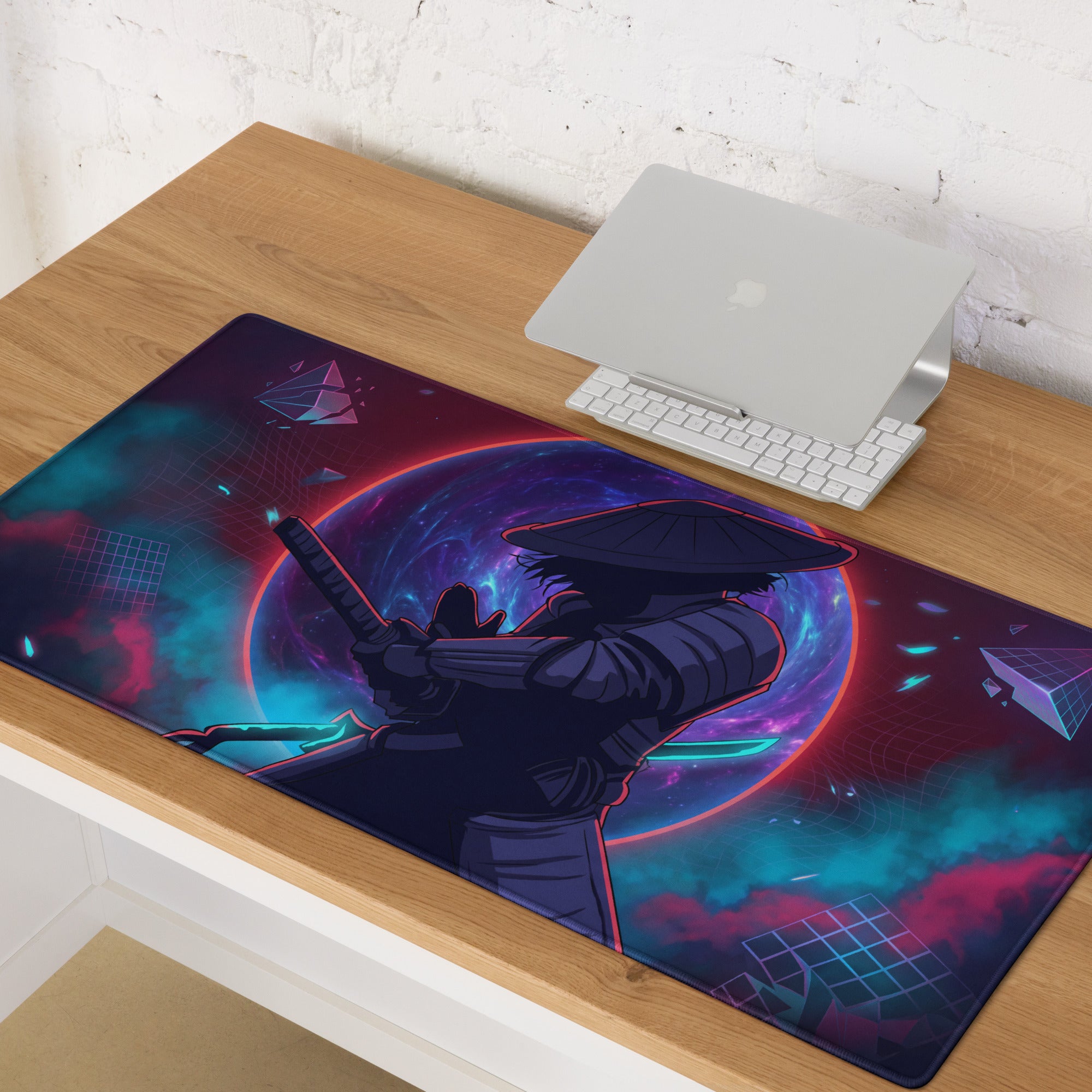 A vibrant gaming mouse pad with neon vaporwave samurai design in pink purple and blue for desk use