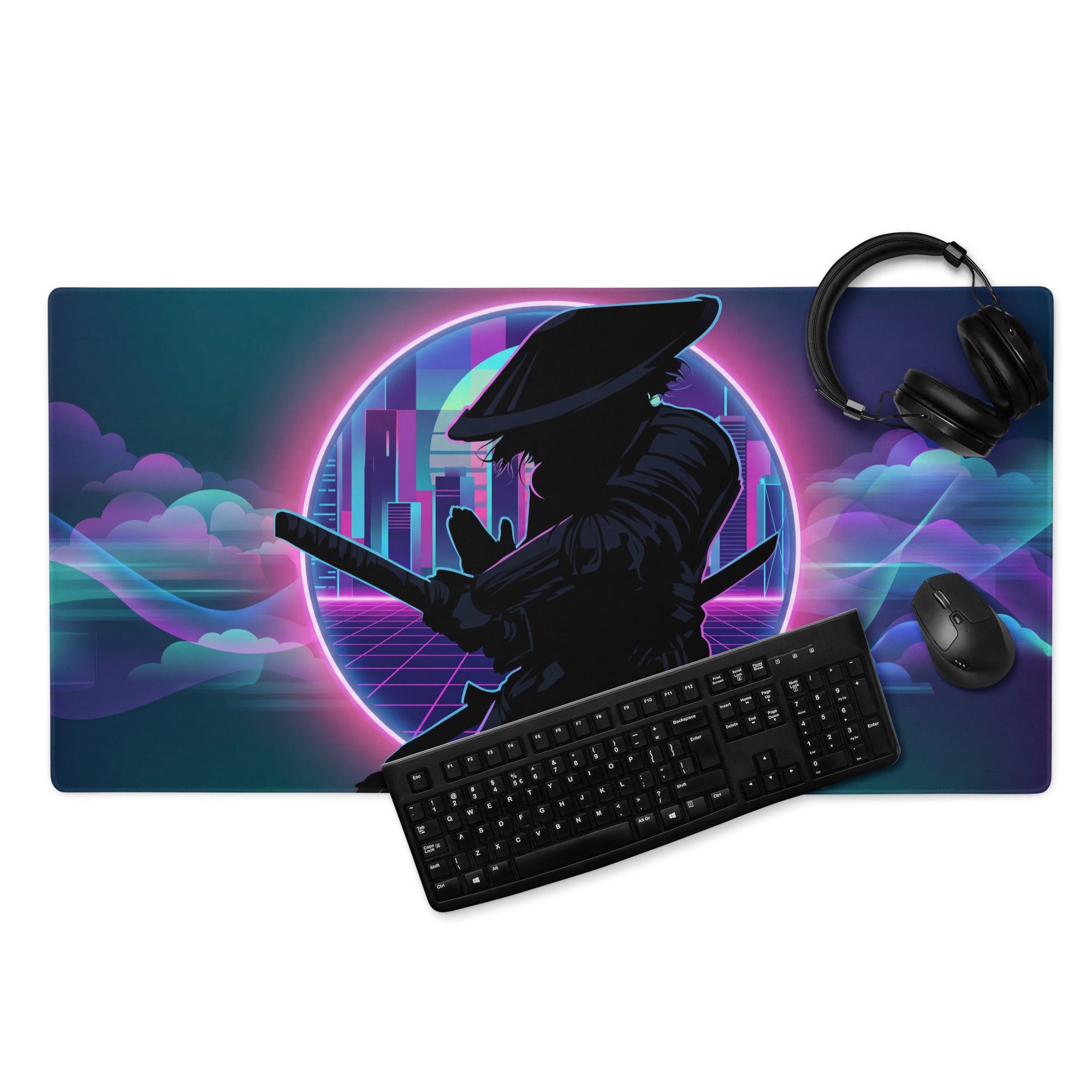 Neon vaporwave gaming mouse pad with vibrant pink purple blue neon cityscape and black ninjago ninja silhouette design