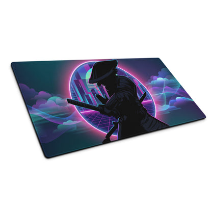 Nebula-themed neon vaporwave gaming mousepad with samurai silhouette in purple and teal against futuristic cityscape