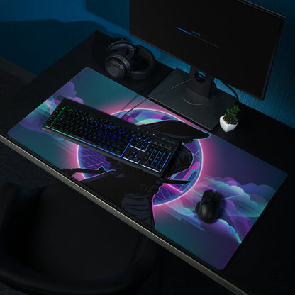 Neon vaporwave gaming mouse pad with nebula theme glowing purple and teal circular design and anime character silhouette