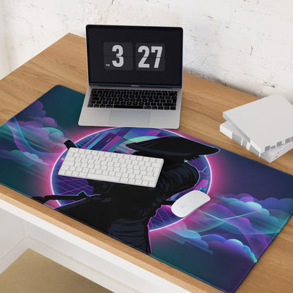 Neon vaporwave gaming mouse pad with navy blue and purple neon ninja design on a futuristic cityscape backdrop