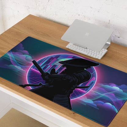 Neon vaporwave gaming mouse pad with ninja theme featuring vibrant neon purple and blue cyberpunk cityscape design