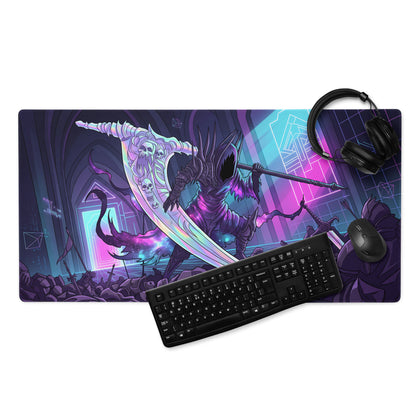 Vibrant purple and neon pink gaming mouse pad with a skeletal grim reaper wielding a glowing scythe in cyberpunk style