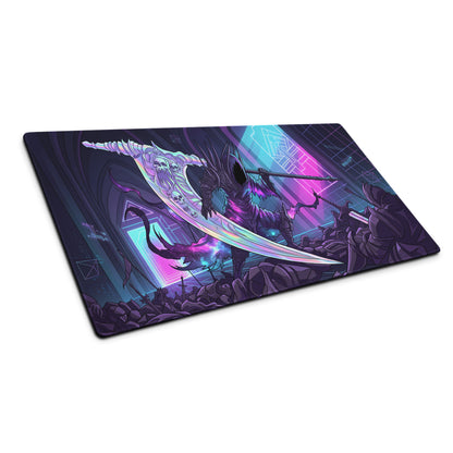 A rectangular gaming mousepad with a neon purple and blue stylized grim reaper wielding a glowing scythe design