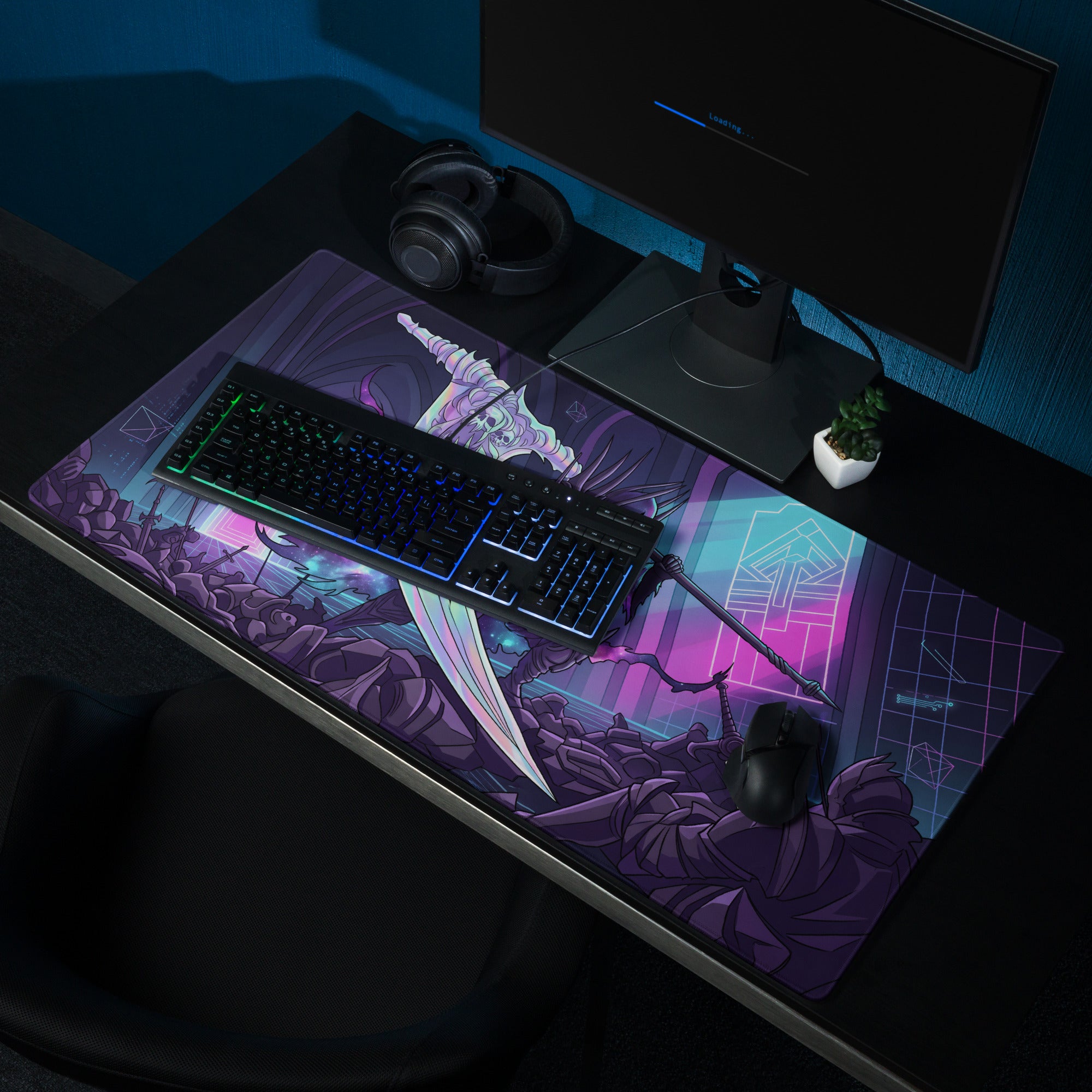 Purple and pink neon gaming mouse pad featuring a fantasy character with glowing sword for gamers