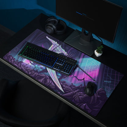 Purple and pink neon gaming mouse pad featuring a fantasy character with glowing sword for gamers