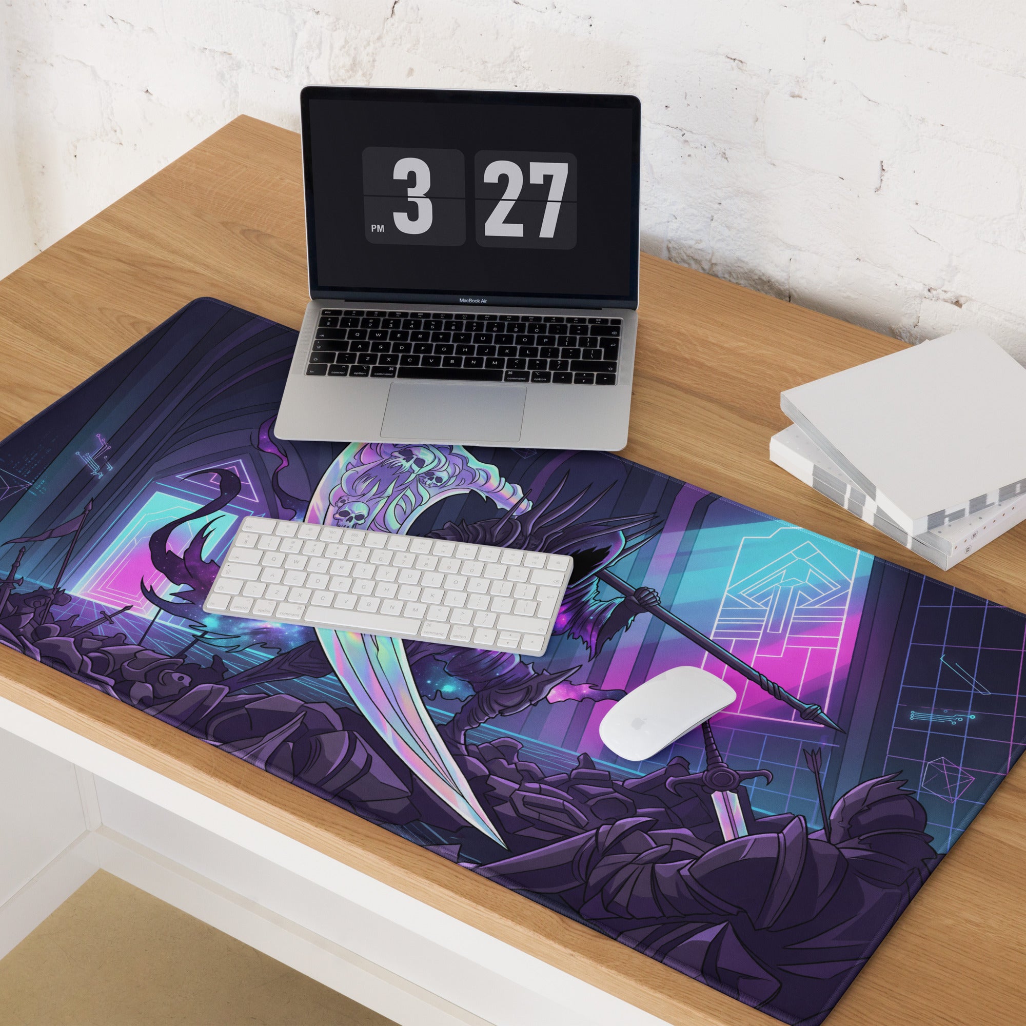 Neon Grim Reaper mouse pad features a vibrant purple and teal cyberpunk warrior with glowing sword on smooth material