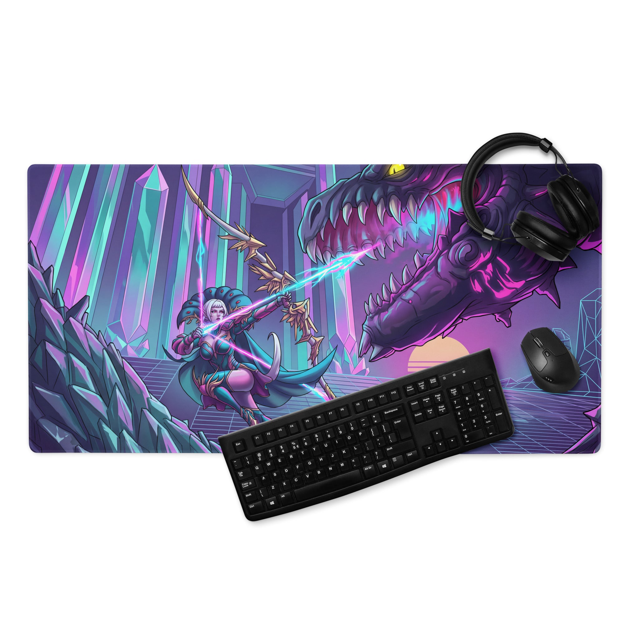 Vibrant purple and teal vaporwave dragon neon mouse pad with warrior archer and dragon on crystalline gaming surface