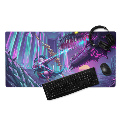 Vibrant purple and teal vaporwave dragon neon mouse pad with warrior archer and dragon on crystalline gaming surface