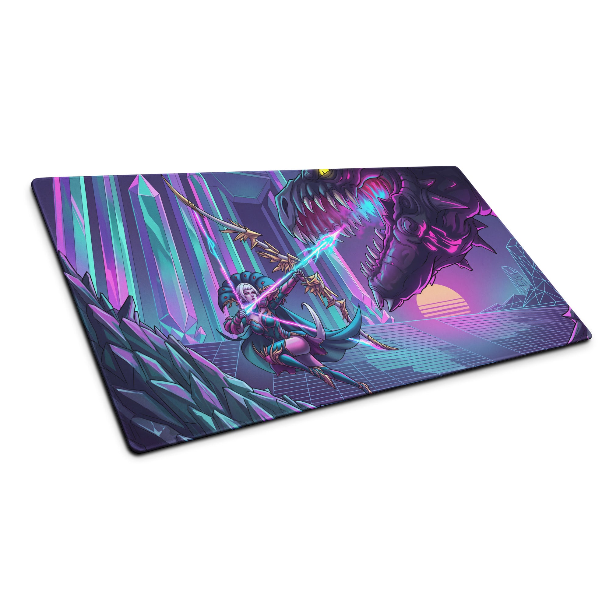 Ninety-degree angled view of a vaporwave dragon neon mouse pad with vibrant purple teal artwork of a warrior and dragon