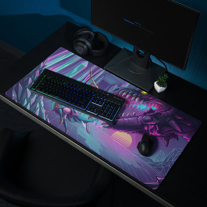 Vibrant purple and teal cyberpunk dragon gaming mouse pad with geometric patterns for energetic retro desk decor