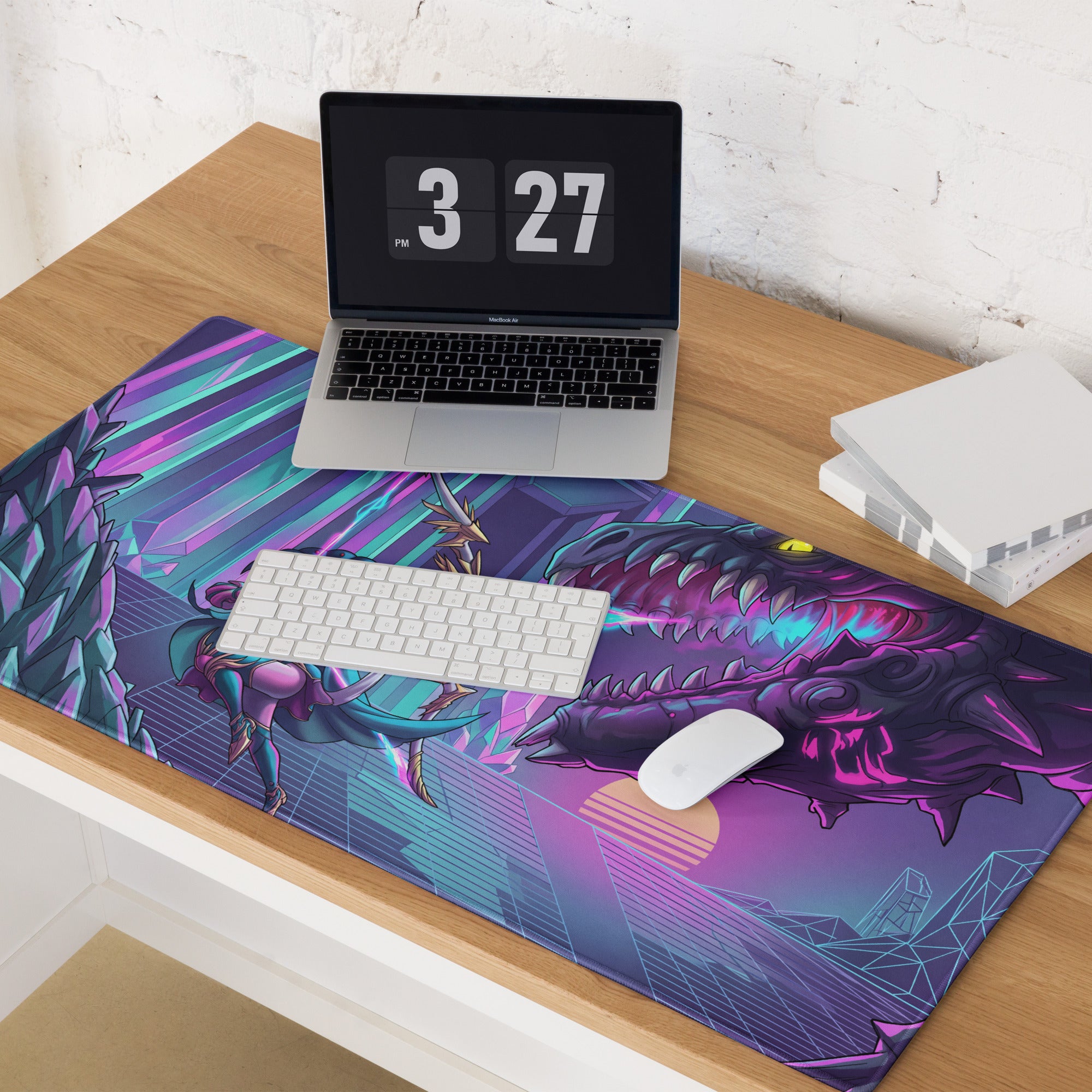 Vibrant purple and teal vaporwave dragon neon mouse pad with cyberpunk geometric design for gaming desks