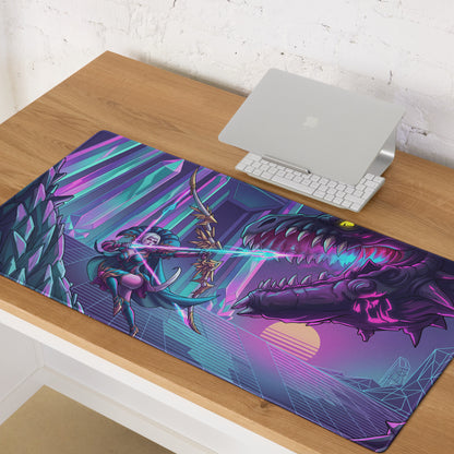 Vaporwave dragon neon mouse pad with vibrant purple and teal design featuring fantasy archer and dinosaur battle