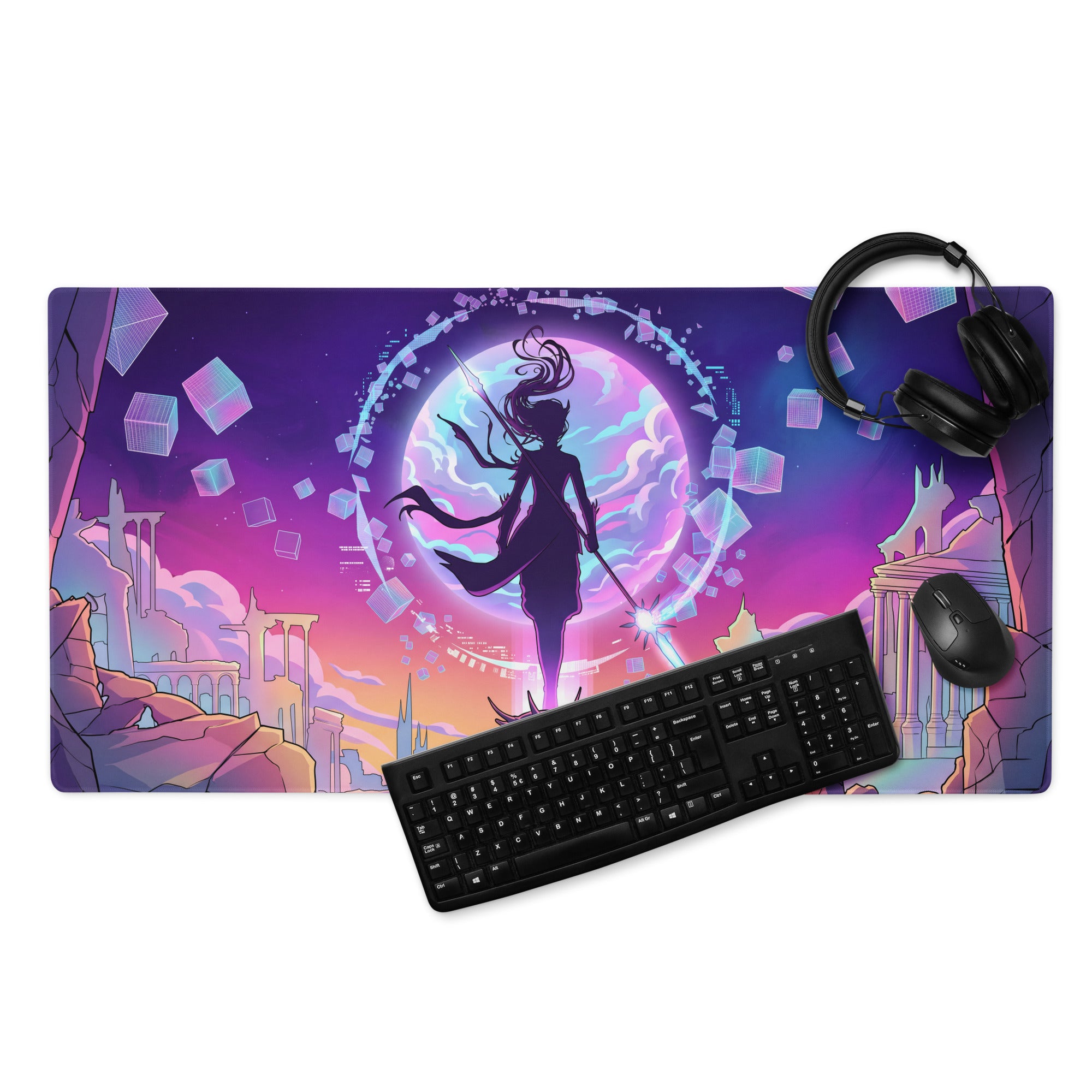 Neon vaporwave cityscape mouse pad with vibrant purple and pink gradient featuring a warrior silhouette and cosmic design