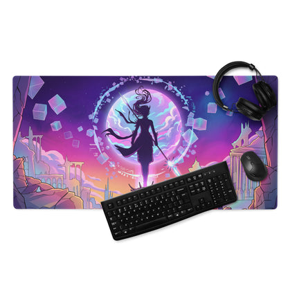 Neon vaporwave cityscape mouse pad with vibrant purple and pink gradient featuring a warrior silhouette and cosmic design