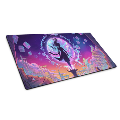 Neon vaporwave cityscape mouse pad with vibrant purple and pink cosmic shattered cityscape and stylized warrior design