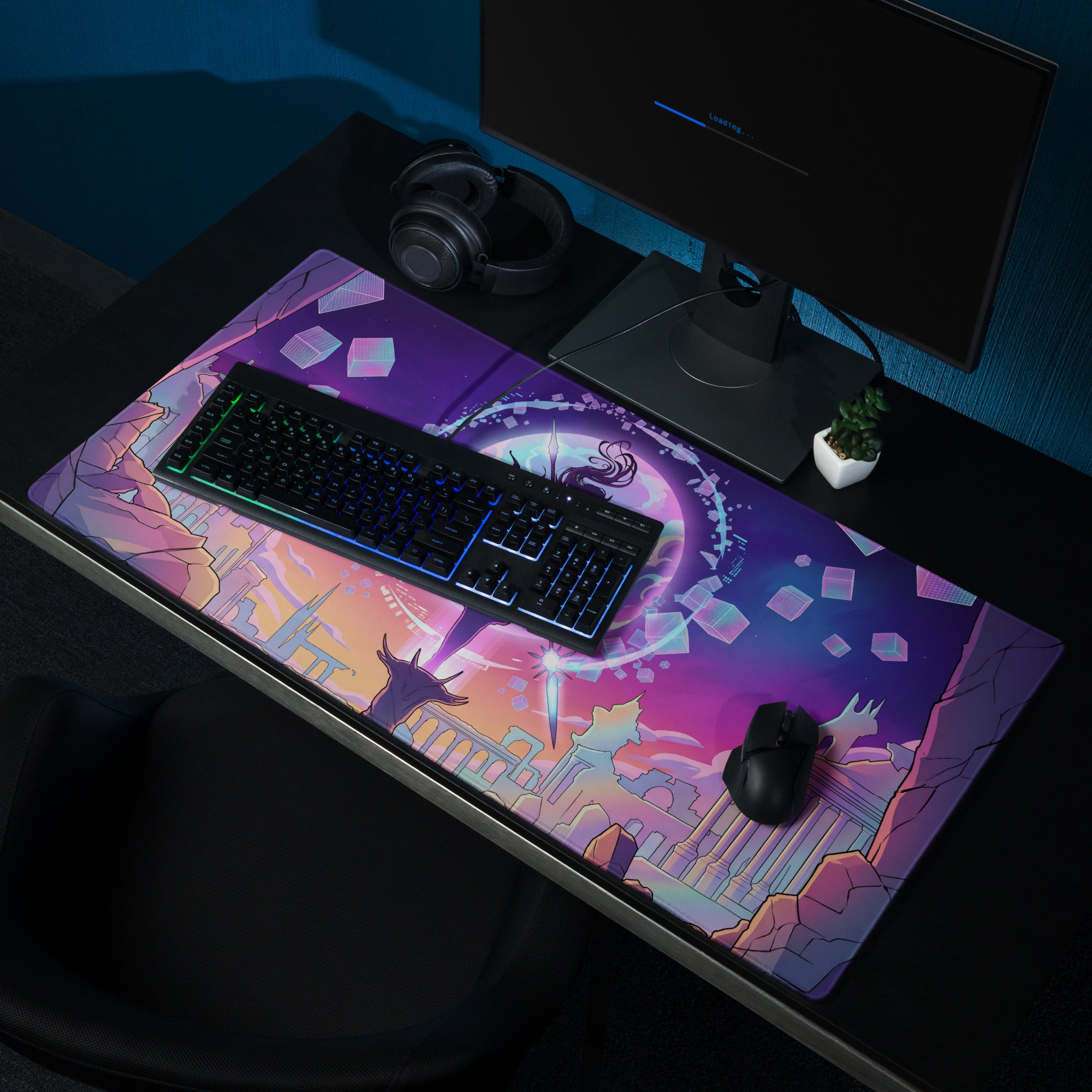 Neon vaporwave cityscape mouse pad vibrant purple and pink anime fantasy cityscape design for gaming desk setup