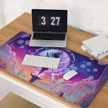 Vibrant purple and pink neon vaporwave cityscape mouse pad with glowing sword and floating cubes for gaming desks