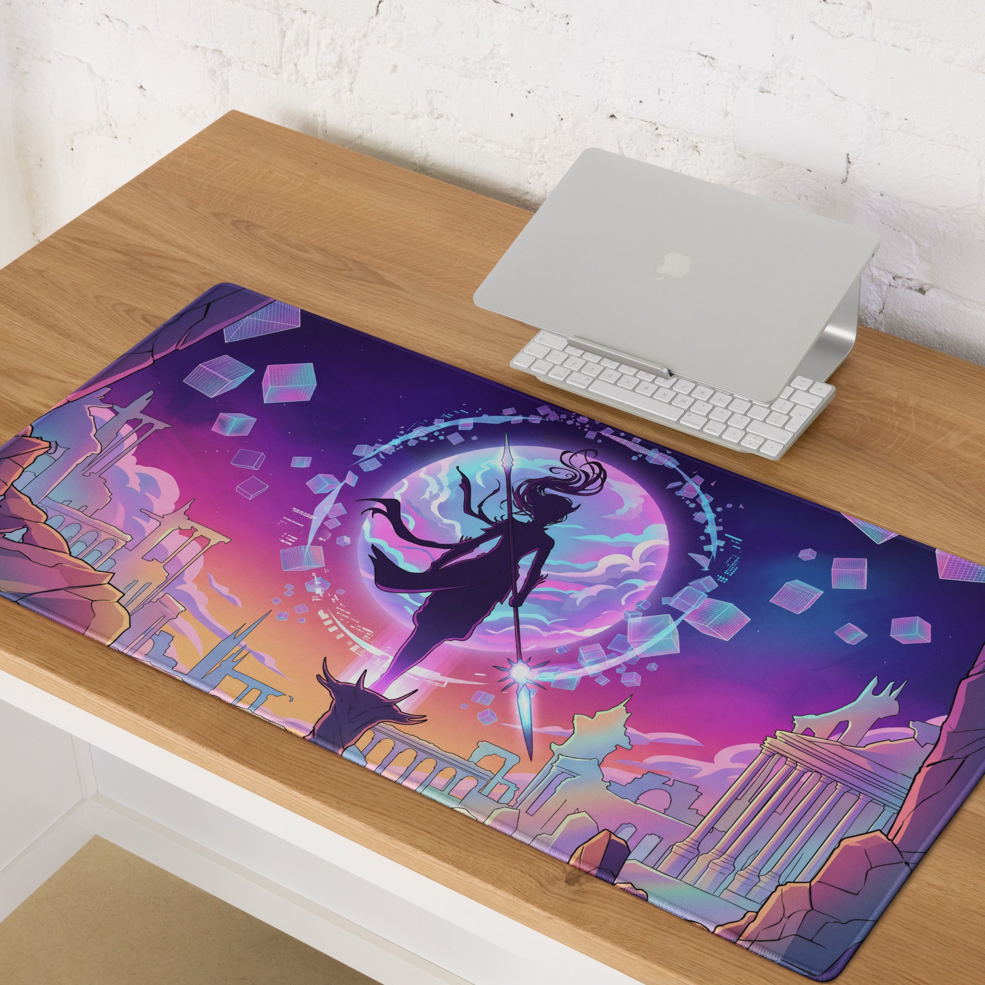 Neon vaporwave cityscape mouse pad with vibrant purple and pink gradient featuring an anime warrior silhouette
