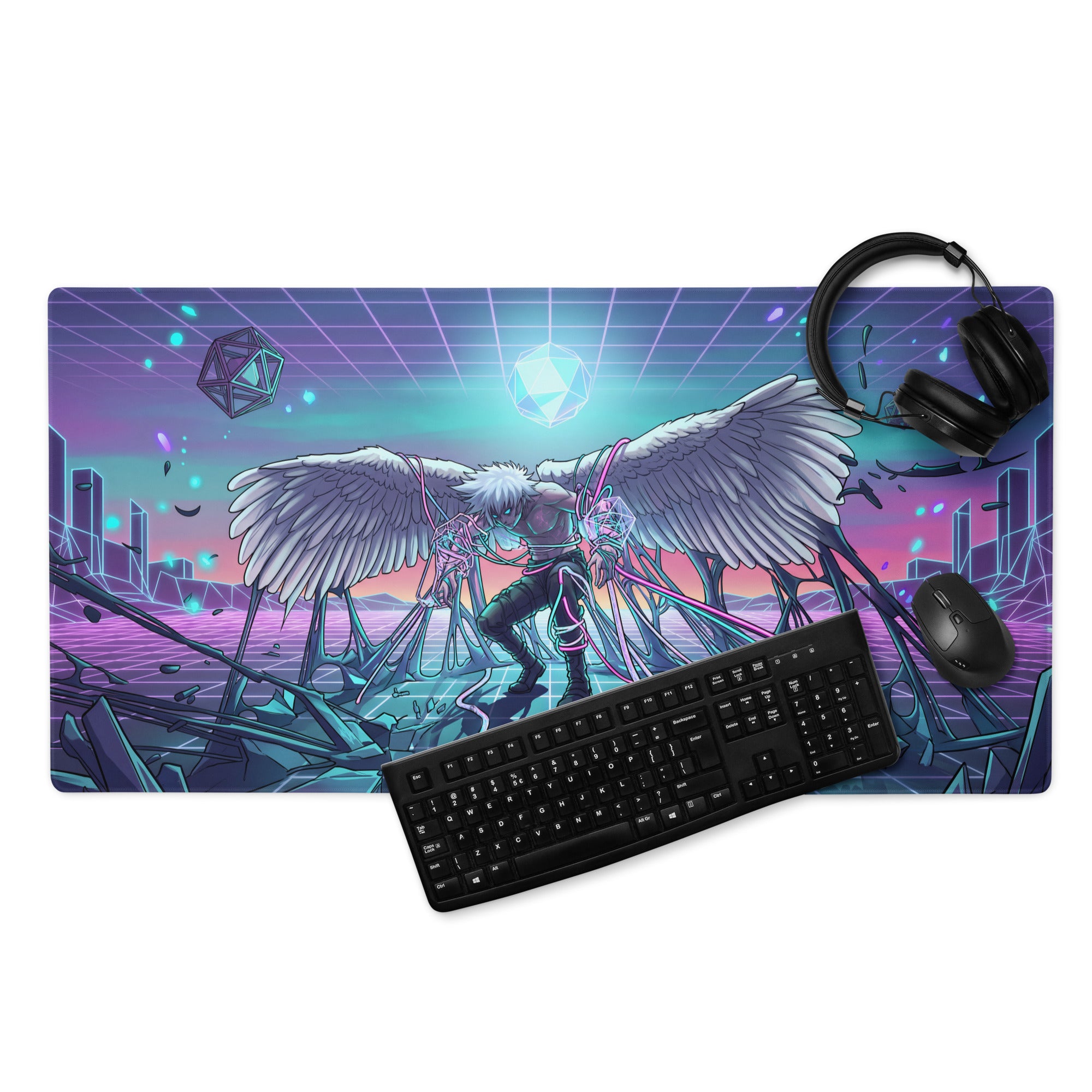 A vibrant rectangular neon purple gaming mousepad with a cyberpunk anime character and white wings on a teal grid background