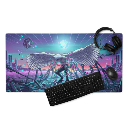 A vibrant rectangular neon purple gaming mousepad with a cyberpunk anime character and white wings on a teal grid background