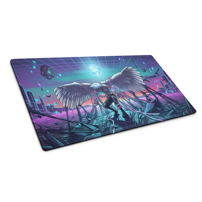 Neon wings vaporwave gaming mouse pad in purple teal featuring a winged character with floating geometric shapes
