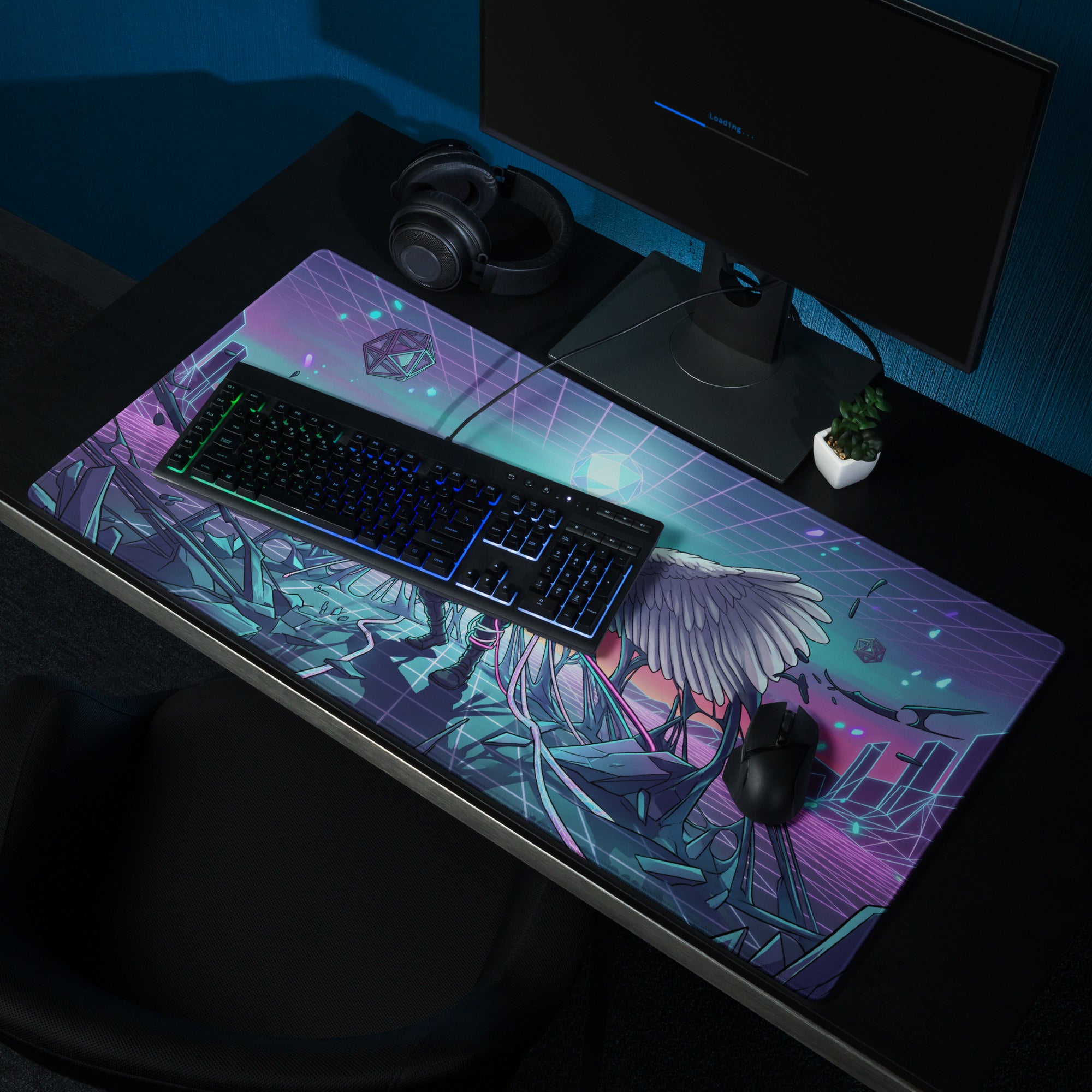 A vibrant rectangular gaming mousepad with neon purple pink cyan anime-style wings and geometric vaporwave design
