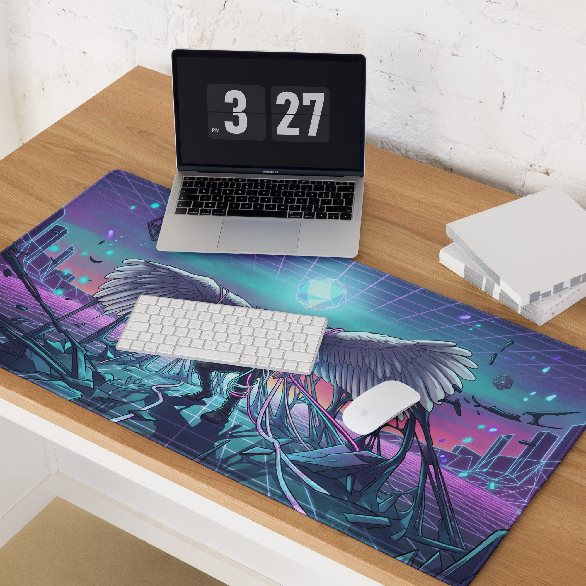 Neon wings vaporwave mouse pad with vibrant purple pink cyan neon grid and winged figure in cyberpunk cityscape design