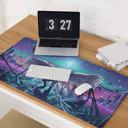 Neon wings vaporwave mouse pad with vibrant purple pink cyan neon grid and winged figure in cyberpunk cityscape design