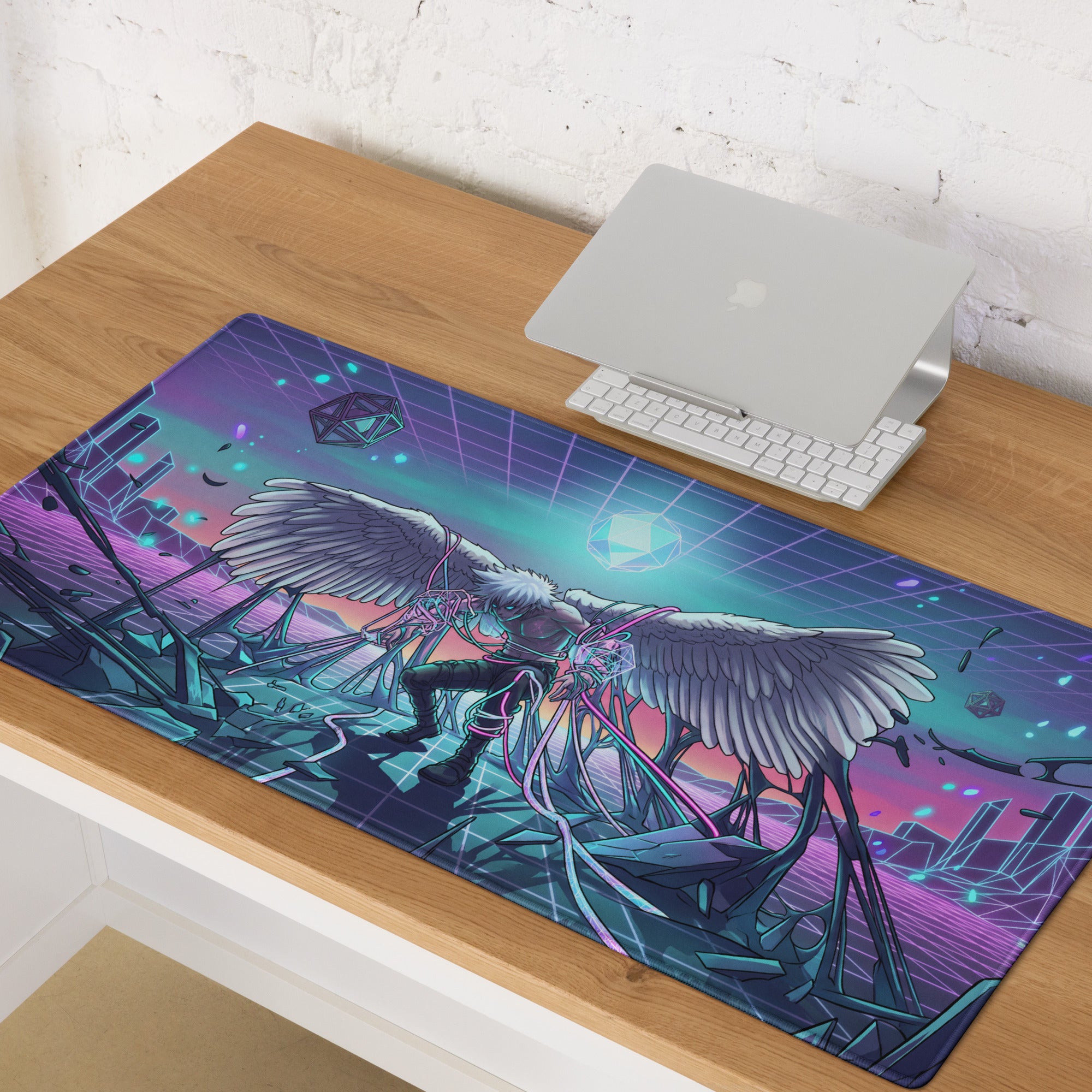 A vibrant rectangular neon wings vaporwave mouse pad with a cyberpunk angel in purple pink and cyan neon grids